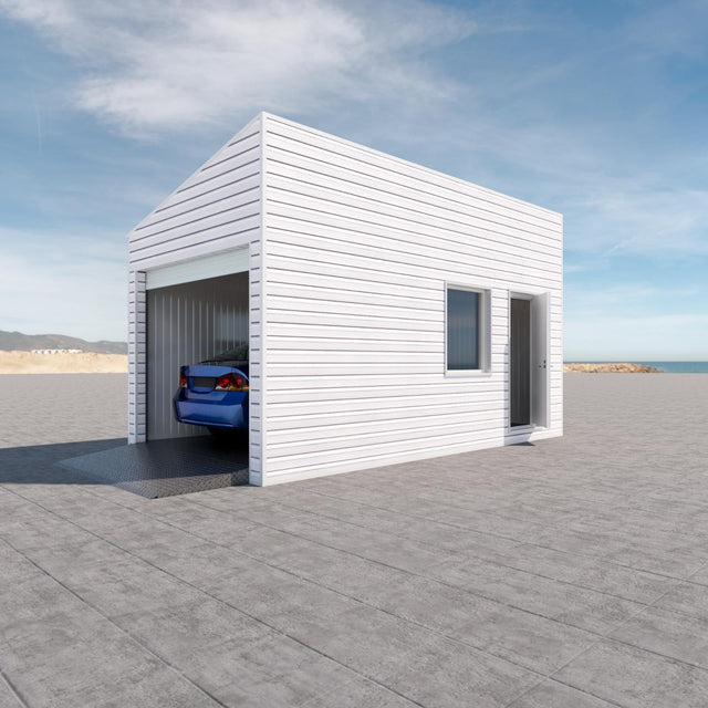Enkelgarage med pulpettak, WPC-panel, dörr, fönster 18 m2