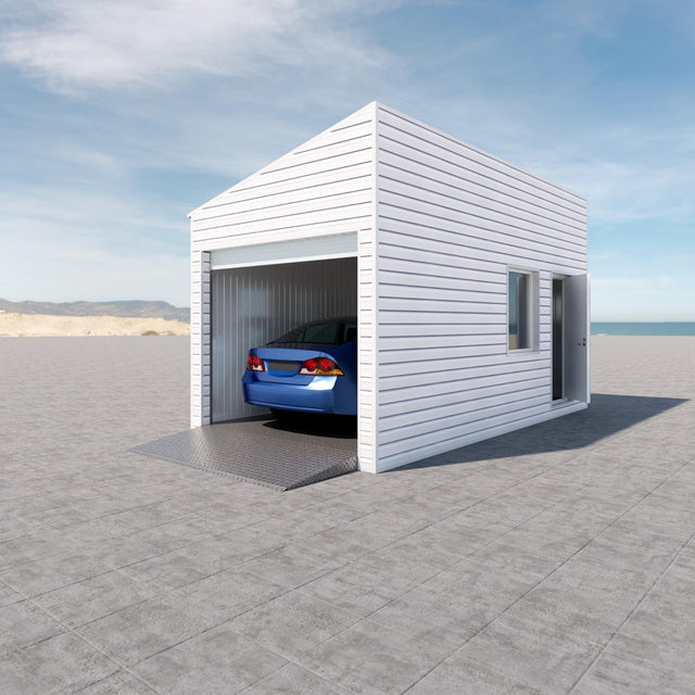 Enkelgarage med pulpettak, WPC-panel, dörr, fönster 18 m2