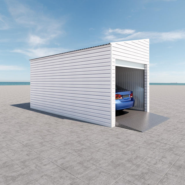 Enkelgarage med pulpettak, WPC-panel, dörr, fönster 18 m2