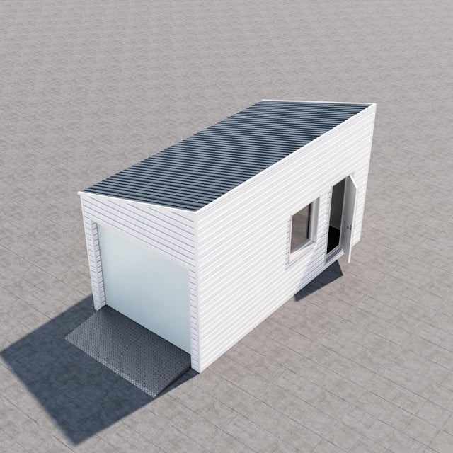 Enkelgarage med pulpettak, WPC-panel, dörr, fönster 18 m2