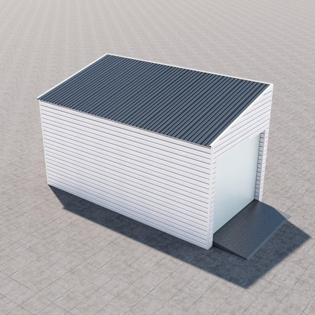 Enkelgarage med pulpettak, WPC-panel, dörr, fönster 18 m2