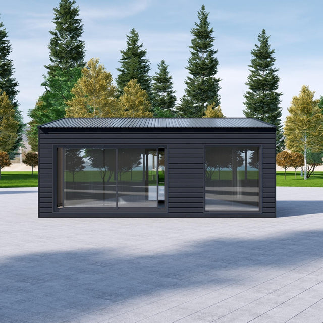 Attefallshus med WPC-panel, panoramafönster, pulpettak 30 m2