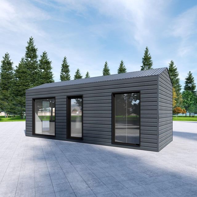 Attefallshus med WPC-panel, panoramafönster, sadeltak 24 m2