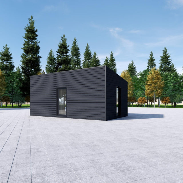 Attefallshus med WPC-panel, panoramafönster, pulpettak 30 m2
