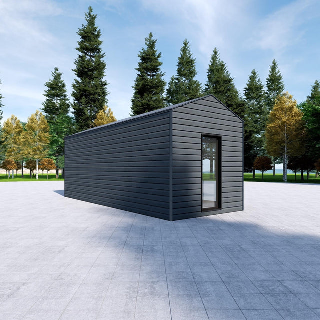 Attefallshus med WPC-panel, panoramafönster, sadeltak 24 m2