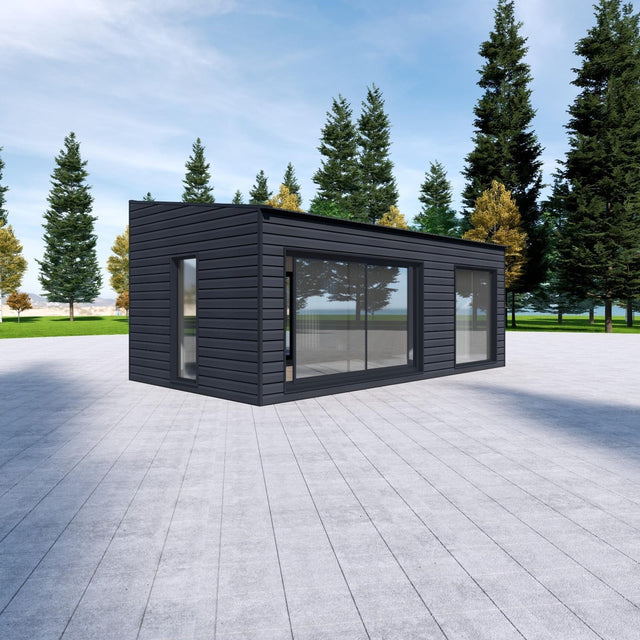 Attefallshus med WPC-panel, panoramafönster, pulpettak 30 m2