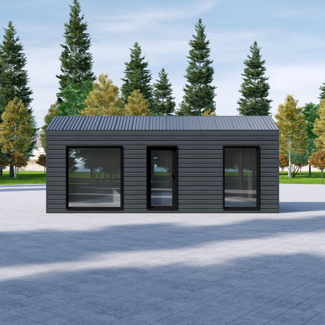 Attefallshus med WPC-panel, panoramafönster, sadeltak 24 m2