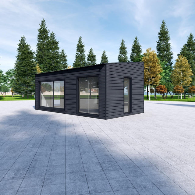 Attefallshus med WPC-panel, panoramafönster, pulpettak 30 m2