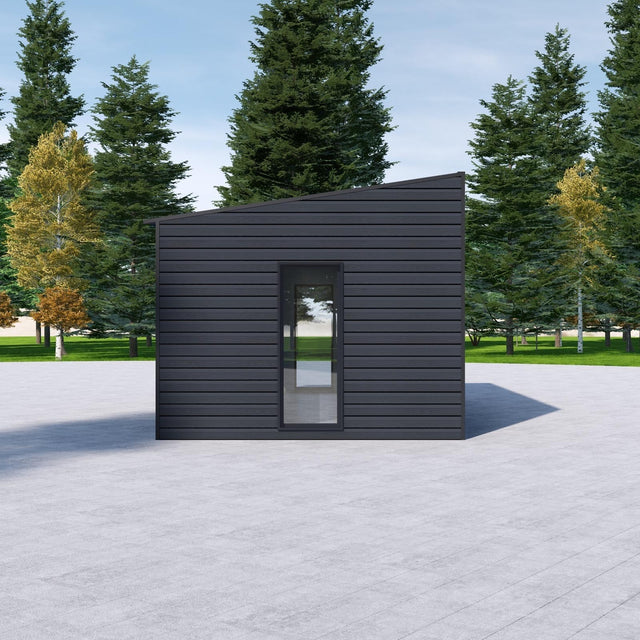 Attefallshus med WPC-panel, panoramafönster, pulpettak 30 m2