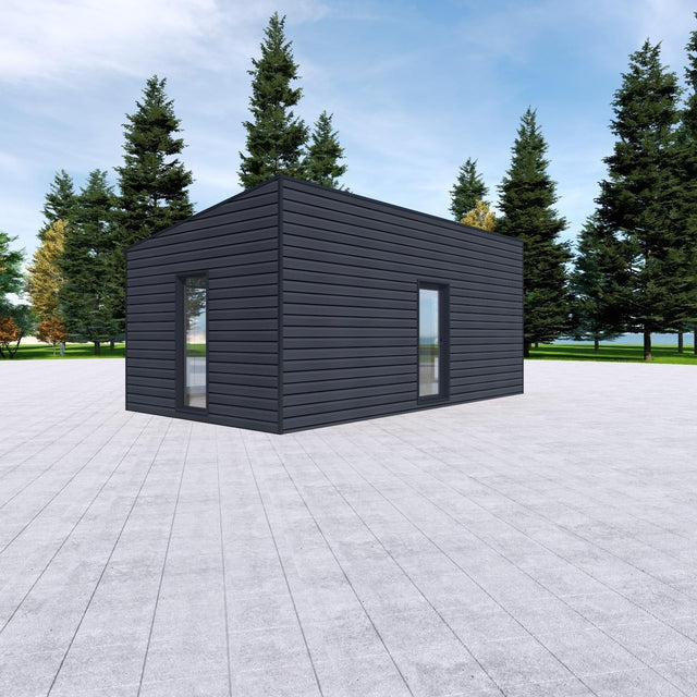 Attefallshus med WPC-panel, panoramafönster, pulpettak 30 m2
