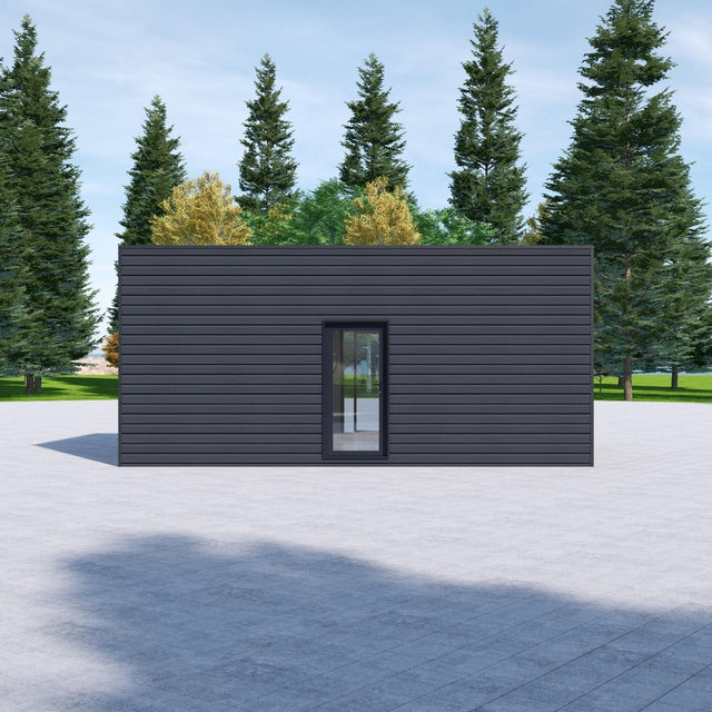 Attefallshus med WPC-panel, panoramafönster, pulpettak 30 m2