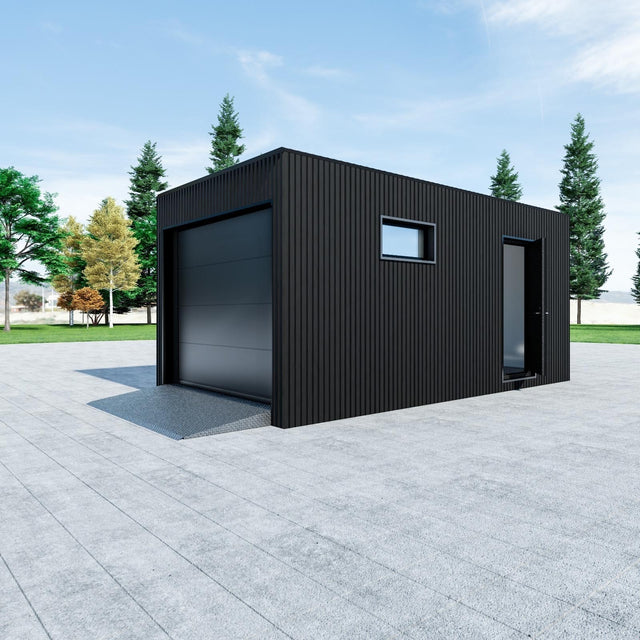 Enkelgarage med takskjutsport, WPC-panel, dörr, fönster 18 m2