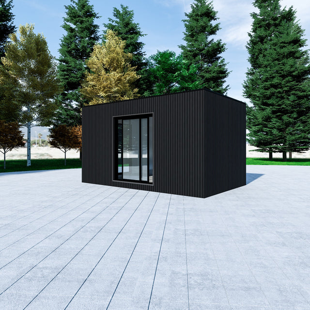 Friggebod med WPC-panel, panoramafönster, glasdörr 15 m2