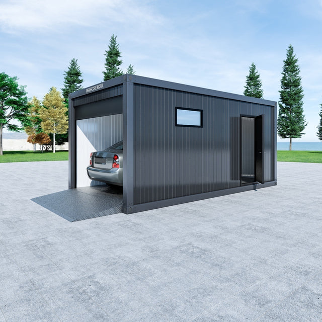 Enkelgarage med takskjutsport, dörr, liggande fönster 18 m2