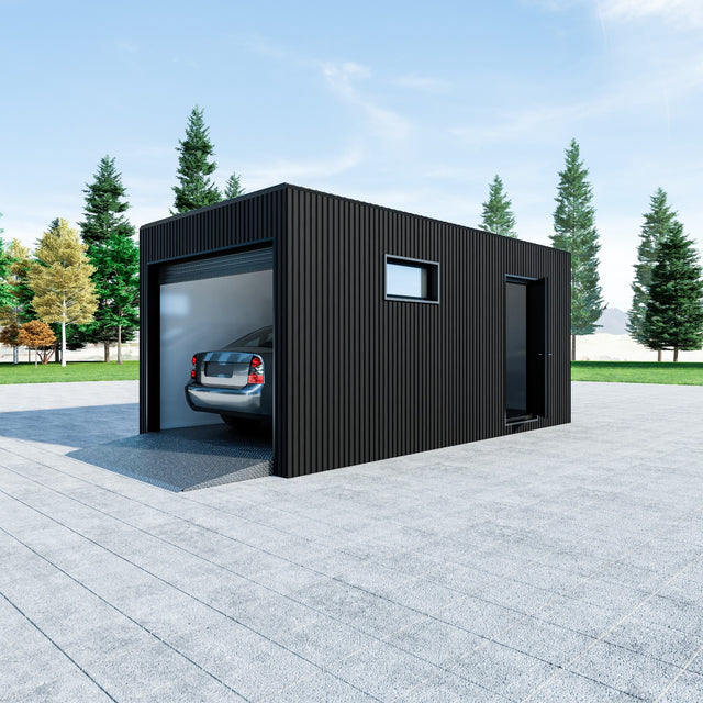 Enkelgarage med rullport, WPC panel, dörr, fönster 18 m2