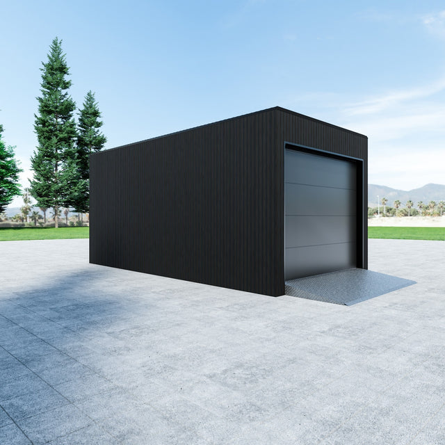 Enkelgarage med takskjutsport, WPC-panel, dörr, fönster 18 m2