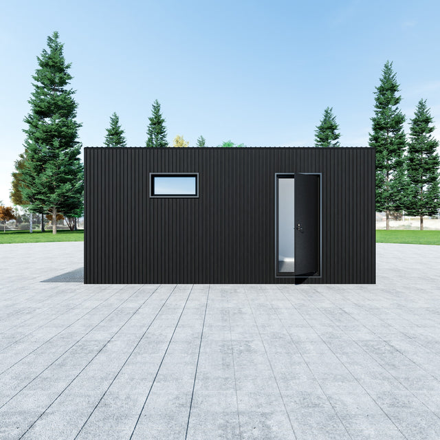 Enkelgarage med takskjutsport, WPC-panel, dörr, fönster 18 m2
