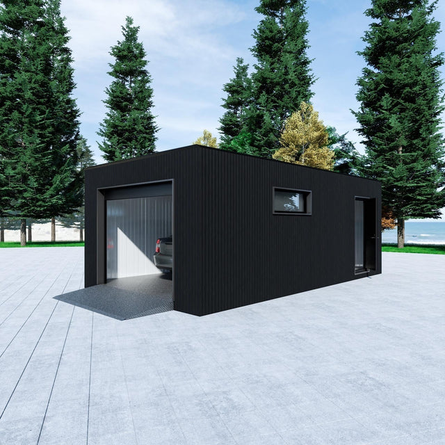 Garage med takskjutsport, WPC panel, dörr, fönster 30 m2