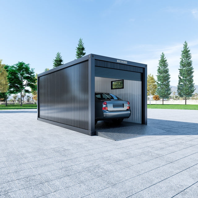 Enkelgarage med rullport, dörr, liggande fönster 18 m