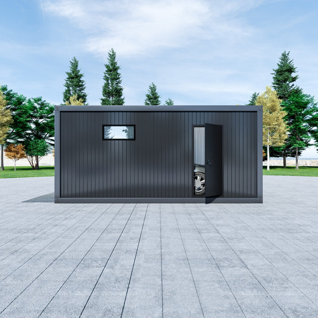 Enkelgarage med rullport, dörr, liggande fönster 18 m