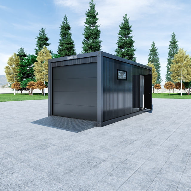 Enkelgarage med takskjutsport, dörr, liggande fönster 18 m2