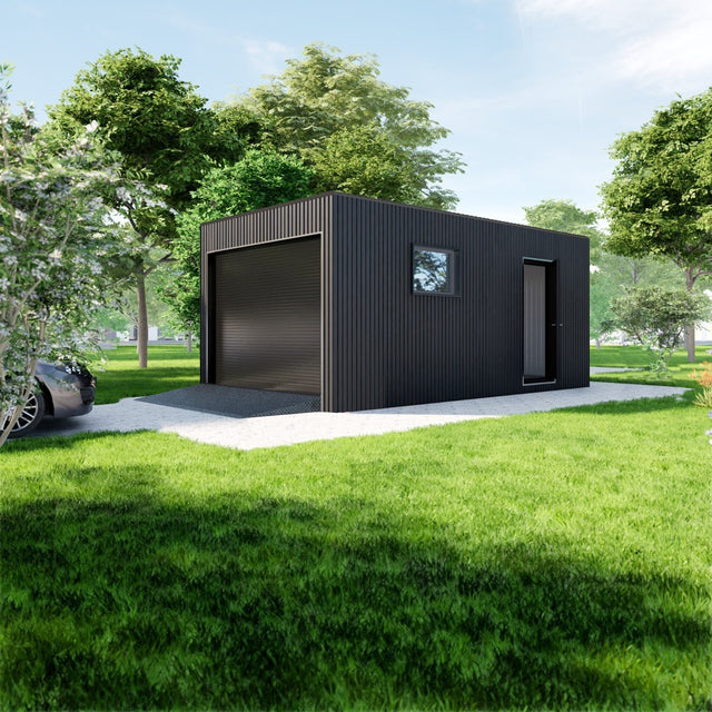 Garage med elektrisk rullport, WPC panel, dörr, fönster 20 m2